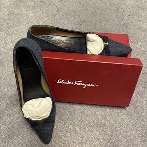 Salvatore Ferragamo Women's Navy Denim Flats with small heel